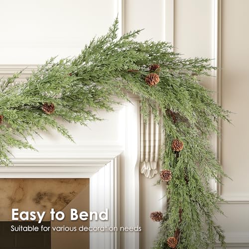 WBHome 2pcs Real Touch Cypress Cedar & Pine Cone Evergreen Garland for Christmas Holiday Seasonal Outdoor/Indoor Home Decor, 9FT Long - Image 2