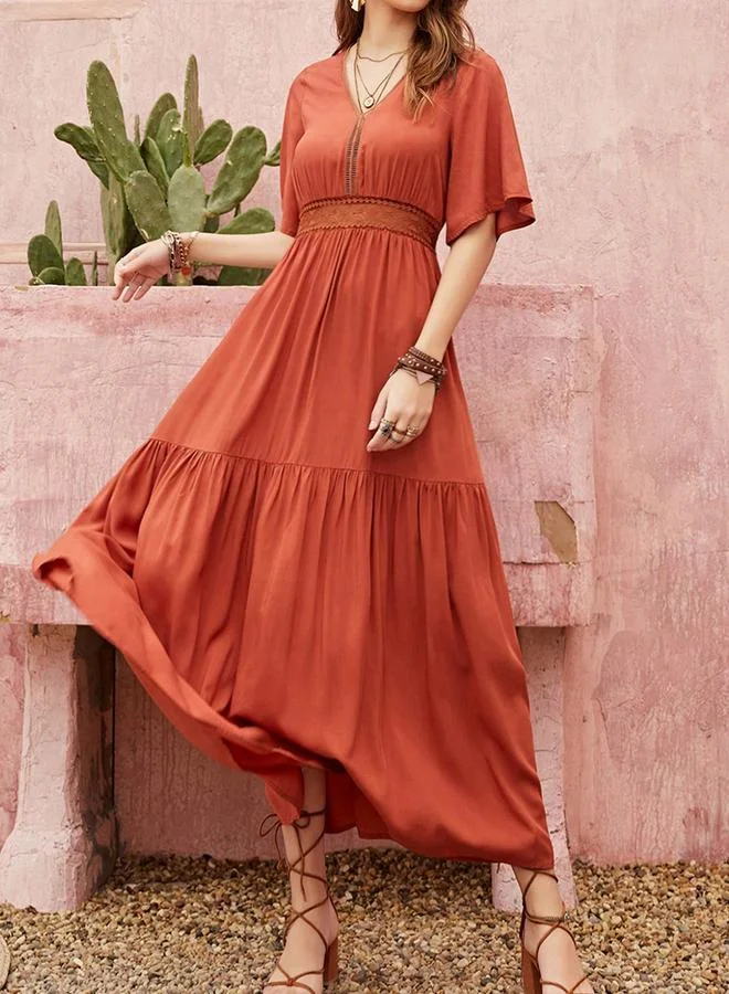 تايك تو Women's Solid V Neck Fitted Waist Short Sleeve Maxi Dress