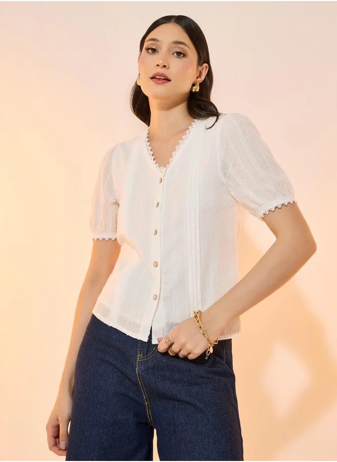 تايك تو Cotton Embroidery Lace Trim Short Sleeve Shirt