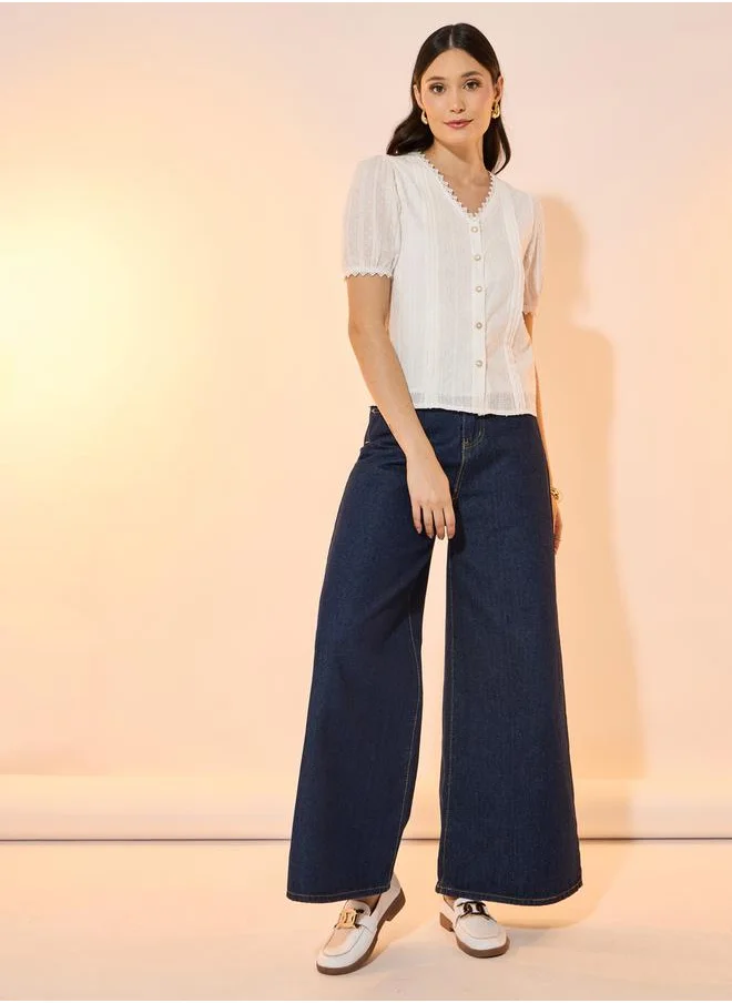 تايك تو Cotton Embroidery Lace Trim Short Sleeve Shirt