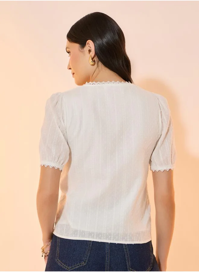 تايك تو Cotton Embroidery Lace Trim Short Sleeve Shirt