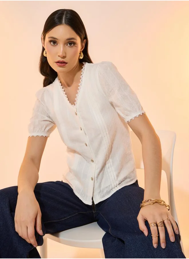 تايك تو Cotton Embroidery Lace Trim Short Sleeve Shirt