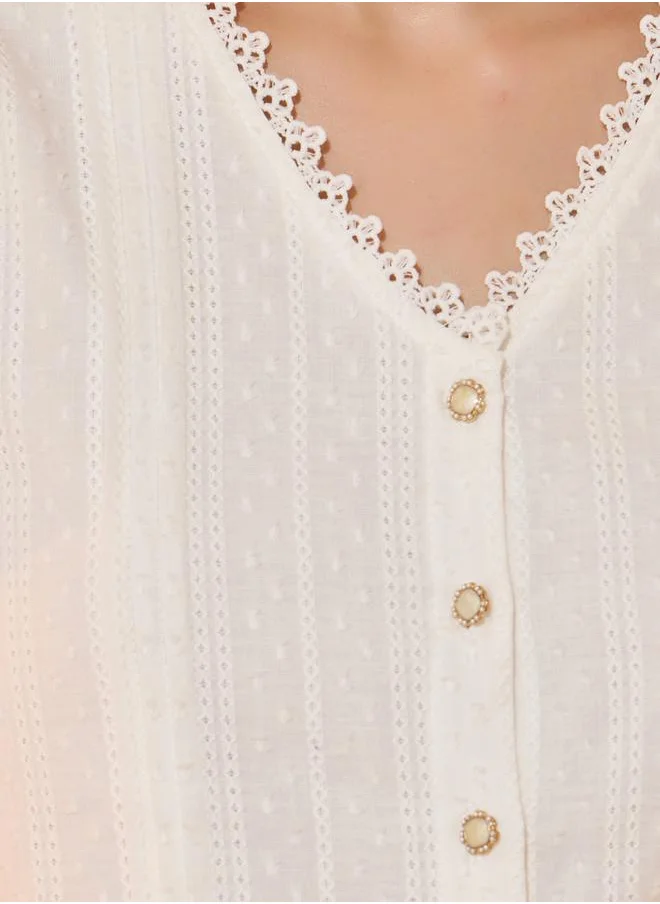 تايك تو Cotton Embroidery Lace Trim Short Sleeve Shirt