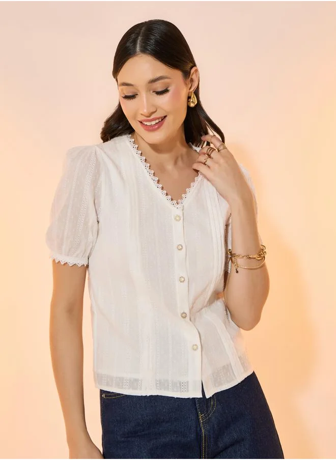 تايك تو Cotton Embroidery Lace Trim Short Sleeve Shirt
