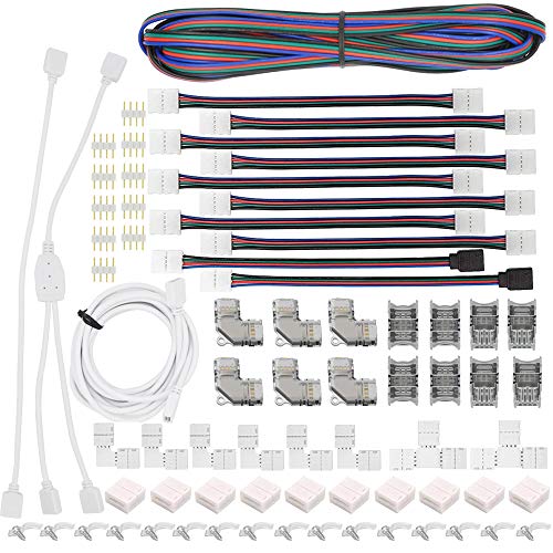 QVQCWD LED Light Strip Connectors Kit,10mm 4 Pin Waterproof 5050 RGB LED Strip Connectors,Includes 14 Types of Solderless Multicolor LED Strip Light Connectors - Image 1