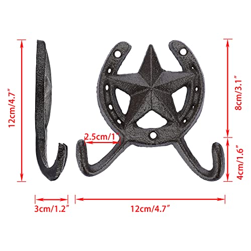 JUXYES Pack of 2 Cast Iron Lucky Horseshoe Wall Mounted Hook Heavy Duty Rustic Country Wall Coat Hook Star Decorative Hook Farmhouse Horse Shoe Vintage Towel Hook for Hats Coats Keys - Image 3