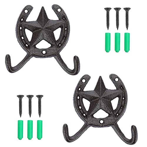 JUXYES Pack of 2 Cast Iron Lucky Horseshoe Wall Mounted Hook Heavy Duty Rustic Country Wall Coat Hook Star Decorative Hook Farmhouse Horse Shoe Vintage Towel Hook for Hats Coats Keys - Image 1
