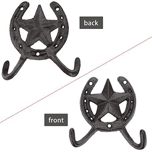 JUXYES Pack of 2 Cast Iron Lucky Horseshoe Wall Mounted Hook Heavy Duty Rustic Country Wall Coat Hook Star Decorative Hook Farmhouse Horse Shoe Vintage Towel Hook for Hats Coats Keys - Image 4