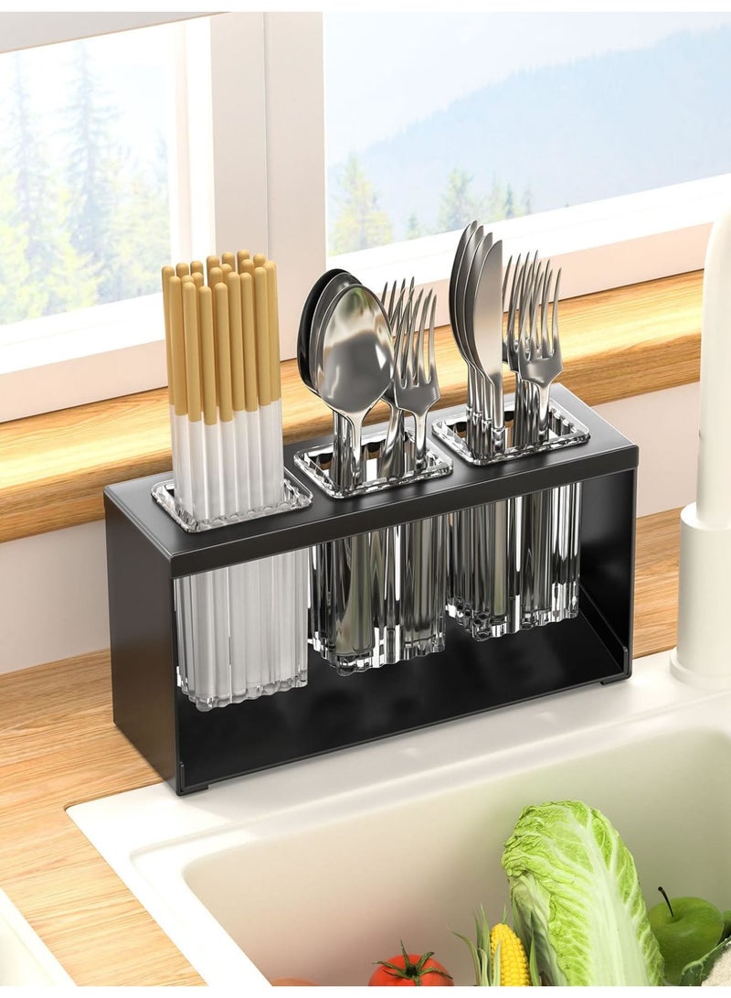 SYOSI Countertop Cutlery Drying Holder - ableware Holder Box Tabletop Separated, Tableware Organizer with 3 Cups, Bathroom Toothpaste Cosmetic Brush Tooth Holder for Kitchen and Bathroom (Black) - Image 1