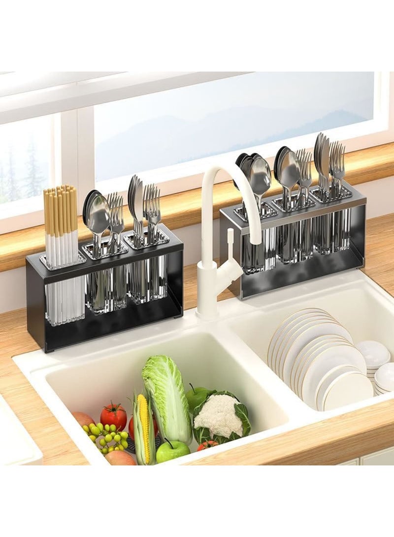 SYOSI Countertop Cutlery Drying Holder - ableware Holder Box Tabletop Separated, Tableware Organizer with 3 Cups, Bathroom Toothpaste Cosmetic Brush Tooth Holder for Kitchen and Bathroom (Black) - Image 4