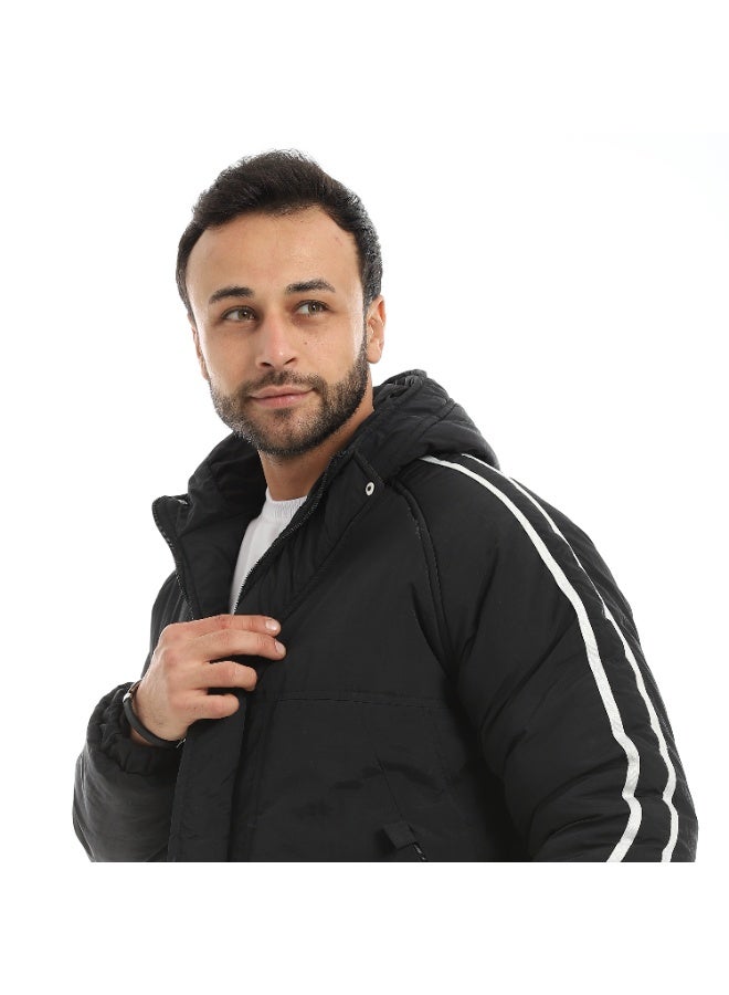 Andora Stylish Buttons And Zipper Closure Hooded Jacket-Black - Image 3