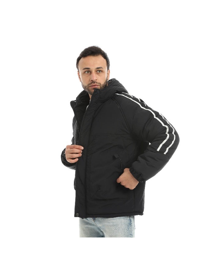 Andora Stylish Buttons And Zipper Closure Hooded Jacket-Black - Image 4