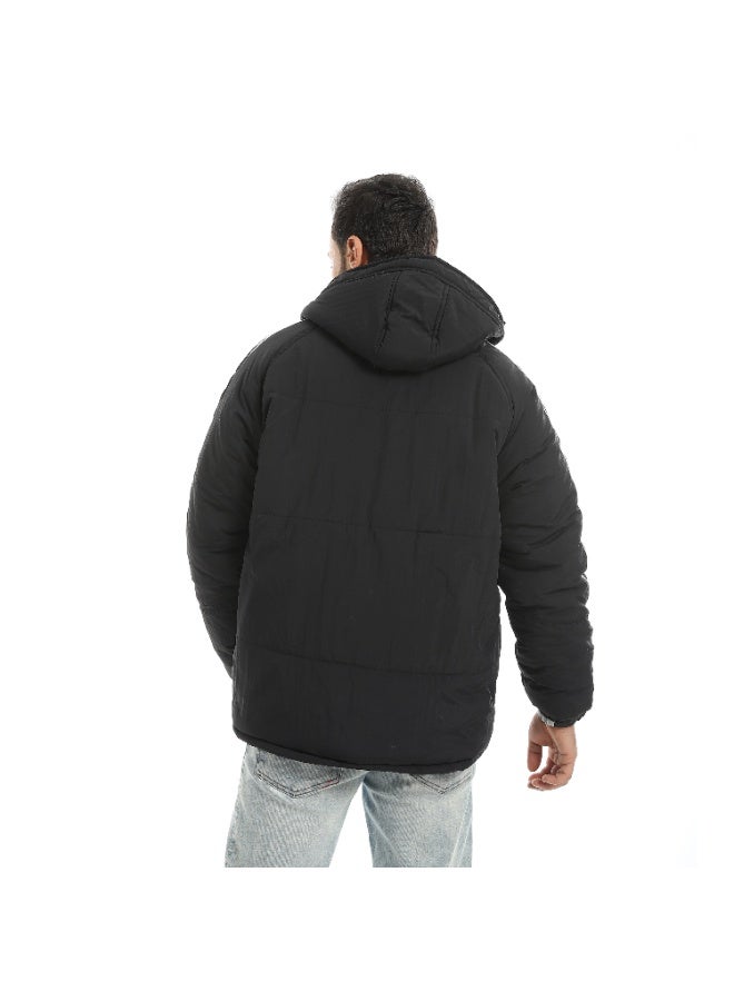 Andora Stylish Buttons And Zipper Closure Hooded Jacket-Black - Image 2