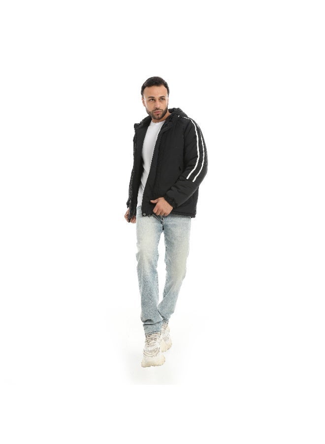 Andora Stylish Buttons And Zipper Closure Hooded Jacket-Black - Image 5