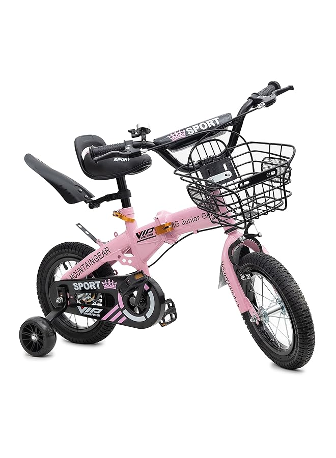 ماونتن جير دراجة أطفال قابلة للطي مع فرامل يدوية ومقعد وحامل وسلة وشبكات وردية مقاس 12 بوصة - Image 2