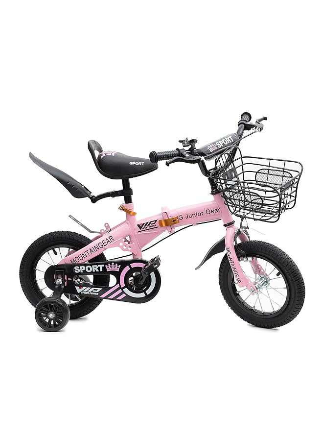 ماونتن جير دراجة أطفال قابلة للطي مع فرامل يدوية ومقعد وحامل وسلة وشبكات وردية مقاس 12 بوصة - Image 1