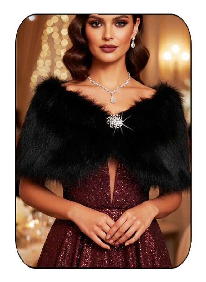 أوكملا شالات وأغطية زفاف نسائية من الفرو الصناعي من أوكملا، عباءة زفاف من الفرو، شال للعروس ووصيفة العروس، غطاء شتوي للعروس مع بروش مرصع بأحجار الراين (أسود) - Image 1