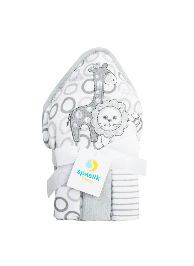 Spasilk Spasilk Baby Bath Hooded Terry Towel with 3 Washcloths, Baby Bath Essentials, One Size, Gray Lion  - Image 1