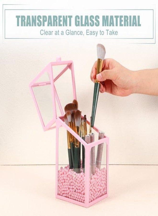 KRESHU Square Makeup Brush Holder with Lid Cosmetic Brush Organizer Makeup Brush Display Case Dustproof Cosmetics Brush Storage Container (Colour-Pink) - Image 5