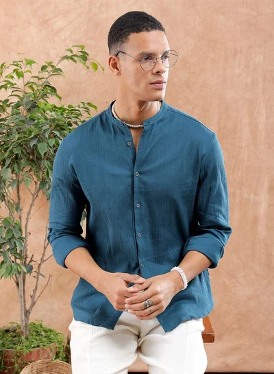 The Indian Garage Co Men Slim Fit Solid Full Sleeves Mandarin Collar Resort Wear Shirt
