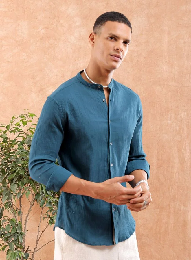 The Indian Garage Co Men Slim Fit Solid Full Sleeves Mandarin Collar Resort Wear Shirt