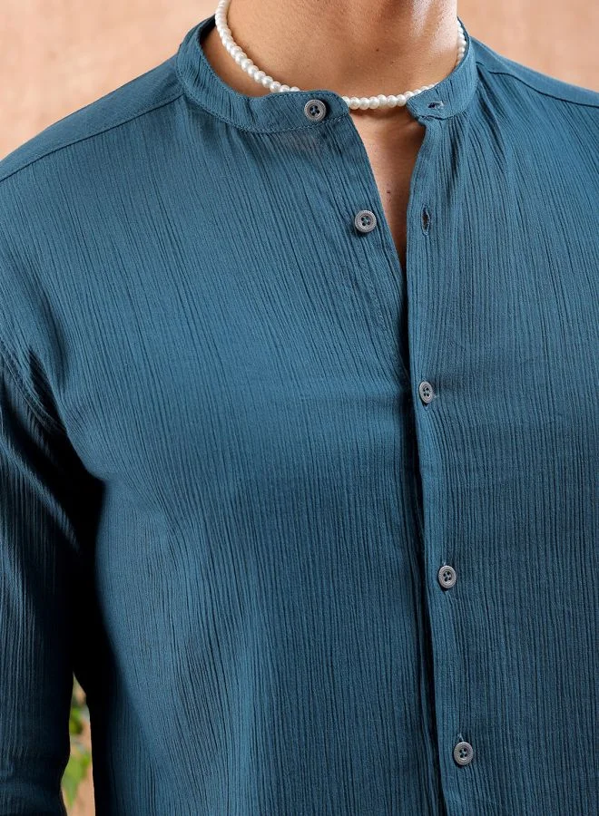The Indian Garage Co Men Slim Fit Solid Full Sleeves Mandarin Collar Resort Wear Shirt