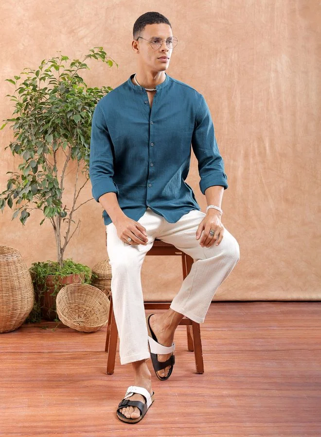 The Indian Garage Co Men Slim Fit Solid Full Sleeves Mandarin Collar Resort Wear Shirt
