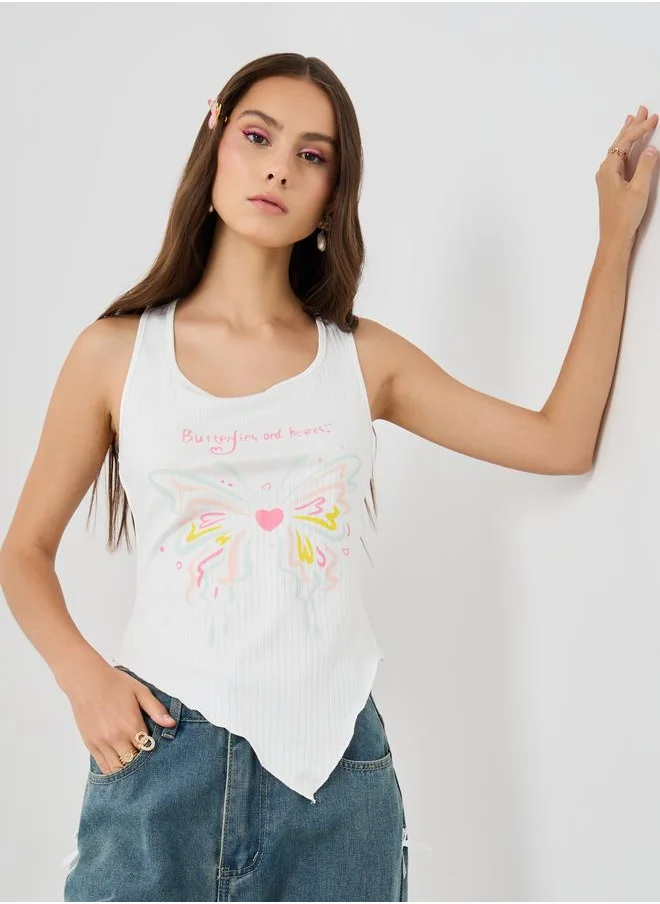 تايك تو Take Two Graphic Print Round Neck Sleeveless Top