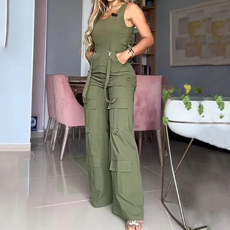 2025 Fashion L Green Waist Solid Color Wide Leg Jumpsuit Women - Image 2