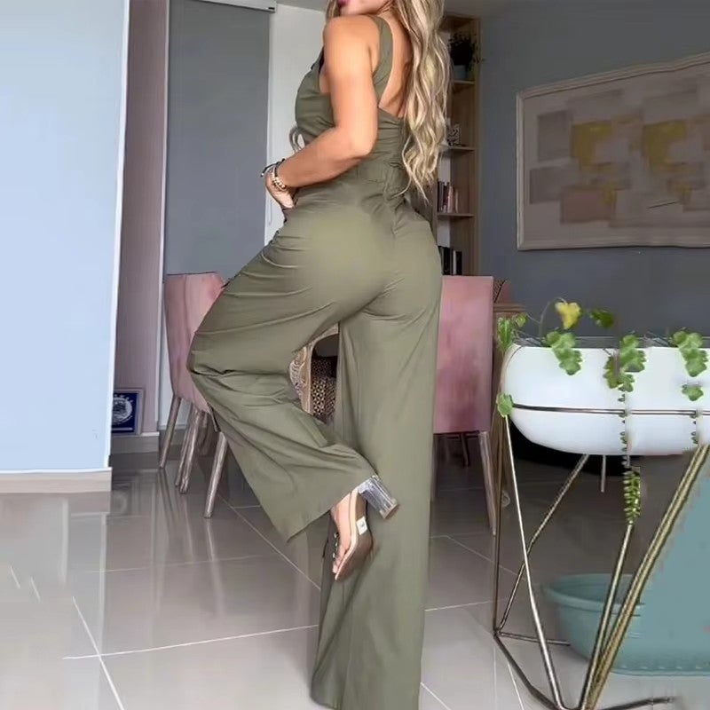 2025 Fashion L Green Waist Solid Color Wide Leg Jumpsuit Women - Image 4
