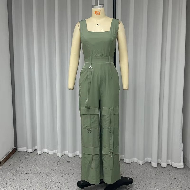 2025 Fashion L Green Waist Solid Color Wide Leg Jumpsuit Women - Image 1
