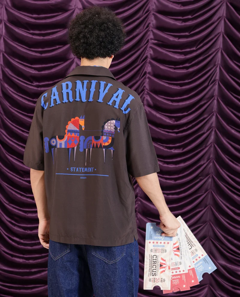 Rare Rabbit Rare Rabbit Men Carn SS Brown Cotton Fabric Short Sleeves Crew Neck Oversized Fit Printed Shirt