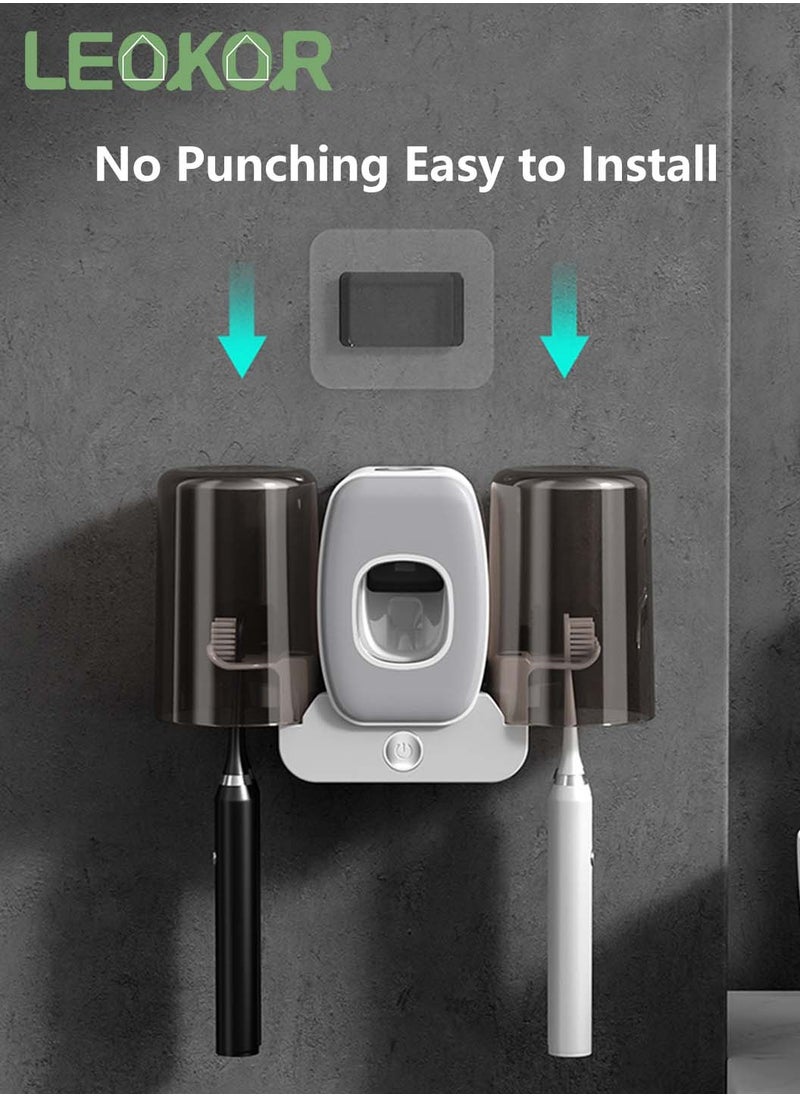 LEOKOR - 2 Cups Toothbrush Holder with Toothpaste Dispenser Wall Mounted UV Toothbrush Sanitizer USB Rechargeable Toothbrush Organizer - Image 1