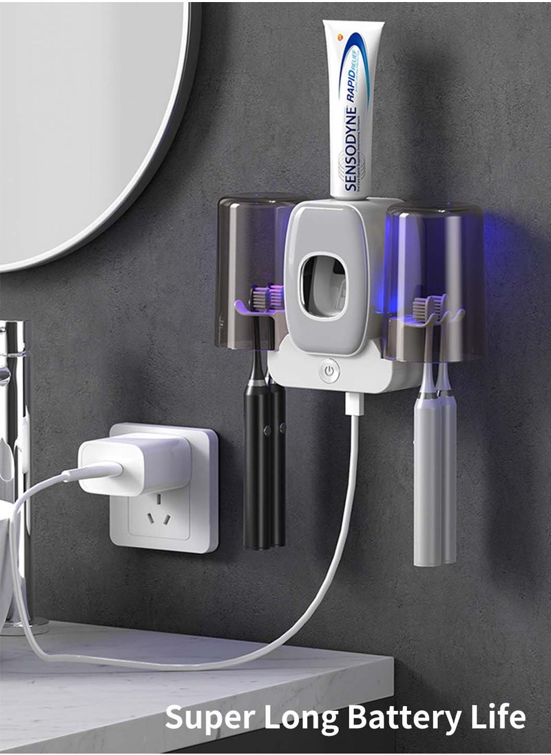 LEOKOR - 2 Cups Toothbrush Holder with Toothpaste Dispenser Wall Mounted UV Toothbrush Sanitizer USB Rechargeable Toothbrush Organizer - Image 1