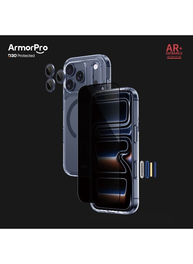 ارمور برو مجموعة حماية 3-in-1، iPhone 17 Pro، تقنية D3O، حماية خصوصية، مضاد للانعكاس، أزرق داكن - Image 1