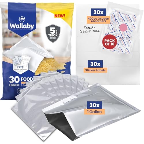 Wallaby 30 Count 1-Gallon Mylar Bags with 400cc Oxygen Absorbers, 10 Mil Total Thickness Long-Term Food Storage Pouches, 10x14 Heat-Sealable Airtight Packaging - Silver - Image 1