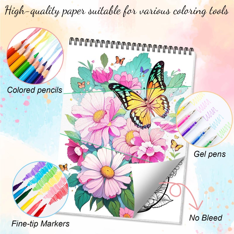 ADEVIAN Adult Coloring Book for Women Relaxation Spiral Bound Thick Paper Page One Sided Design Gifts Arts and Crafts for Women to Relax, Anxiety and Depression 30 Colorful Coloring Pages of Dream Butterfly - Image 5