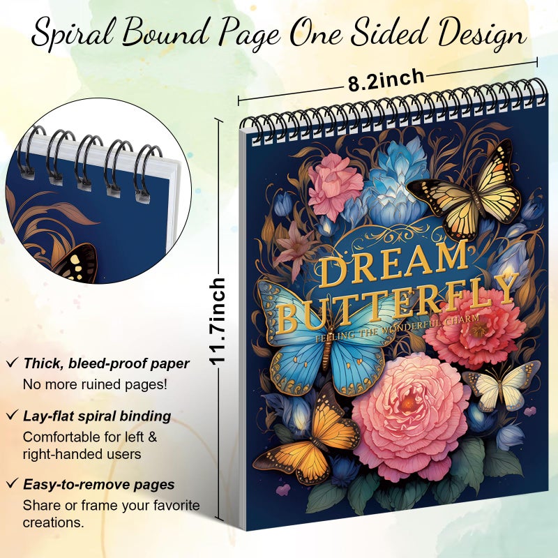 ADEVIAN Adult Coloring Book for Women Relaxation Spiral Bound Thick Paper Page One Sided Design Gifts Arts and Crafts for Women to Relax, Anxiety and Depression 30 Colorful Coloring Pages of Dream Butterfly - Image 2