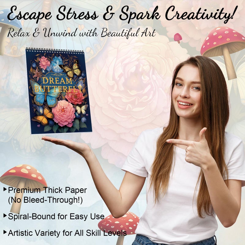 ADEVIAN Adult Coloring Book for Women Relaxation Spiral Bound Thick Paper Page One Sided Design Gifts Arts and Crafts for Women to Relax, Anxiety and Depression 30 Colorful Coloring Pages of Dream Butterfly - Image 4