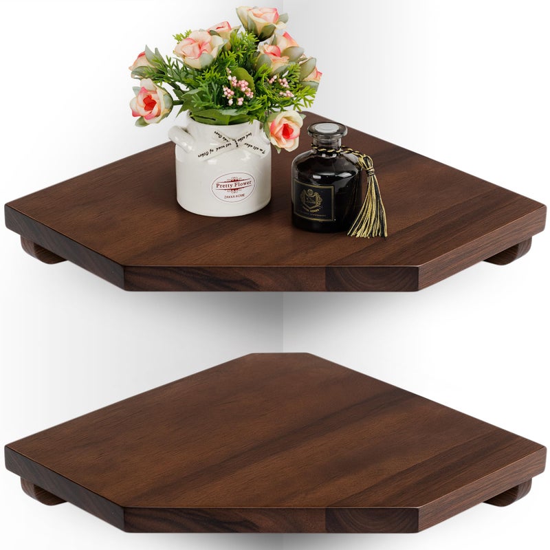 Demigo Hexagon Corner Floating Shelves Wall Mount (Set of 2) â€“ Solid Acacia Wood with Hidden Brackets & Cable Hole â€“ Rustic & Modern Space-Saving Shelves for Bedroom Living Room Office Kitchen - Image 1