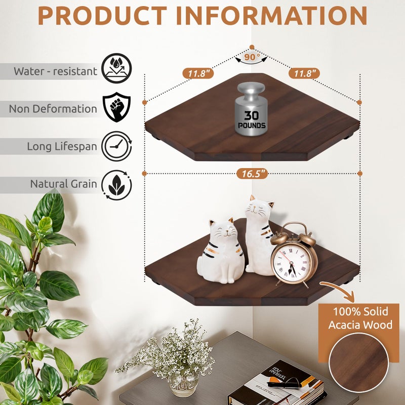 Demigo Hexagon Corner Floating Shelves Wall Mount (Set of 2) â€“ Solid Acacia Wood with Hidden Brackets & Cable Hole â€“ Rustic & Modern Space-Saving Shelves for Bedroom Living Room Office Kitchen - Image 2