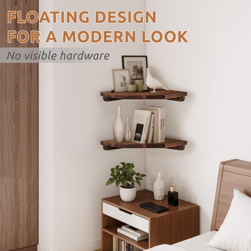 Demigo Hexagon Corner Floating Shelves Wall Mount (Set of 2) â€“ Solid Acacia Wood with Hidden Brackets & Cable Hole â€“ Rustic & Modern Space-Saving Shelves for Bedroom Living Room Office Kitchen - Image 5