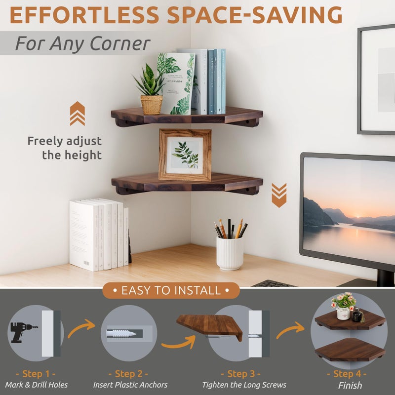 Demigo Hexagon Corner Floating Shelves Wall Mount (Set of 2) â€“ Solid Acacia Wood with Hidden Brackets & Cable Hole â€“ Rustic & Modern Space-Saving Shelves for Bedroom Living Room Office Kitchen - Image 4