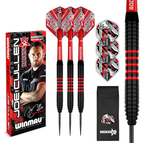 Winmau Darts Joe Cullen Rockstar 20g Brass Darts Set with Dart Flights and Dart Shafts Stems Including Checkout Card - Image 1