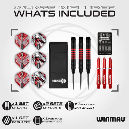 Winmau Darts Joe Cullen Rockstar 20g Brass Darts Set with Dart Flights and Dart Shafts Stems Including Checkout Card - Image 3