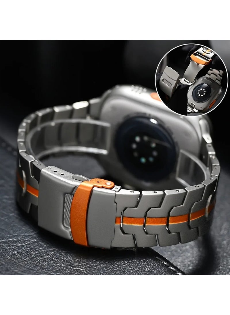 Generic - Ultra stainless steel Bracelet for Apple Watch 49mm 45mm 44mm 42mm 46mm Luxury Men Band for Iwatch Series 9 6 5 4 Se 7 8 Ultra 2 49mm Band(Steel+Orange) - Image 1