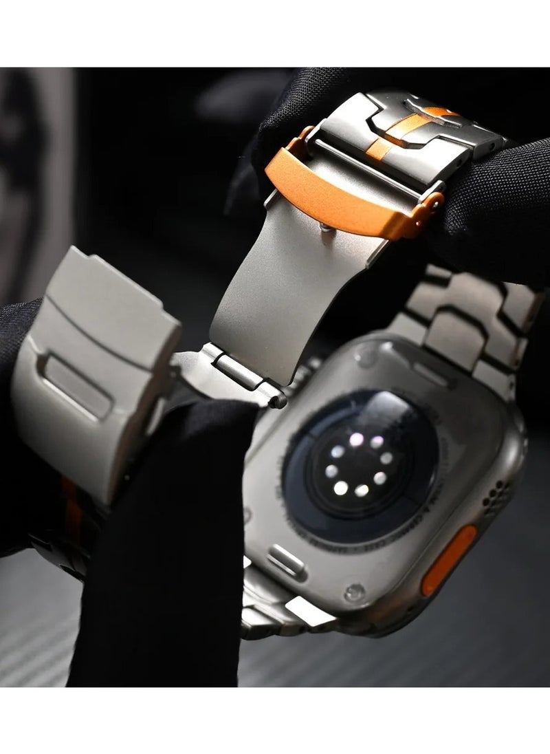 Generic - Ultra stainless steel Bracelet for Apple Watch 49mm 45mm 44mm 42mm 46mm Luxury Men Band for Iwatch Series 9 6 5 4 Se 7 8 Ultra 2 49mm Band(Steel+Orange) - Image 1