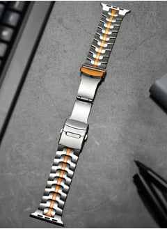 Generic Ultra stainless steel Bracelet for Apple Watch 49mm 45mm 44mm 42mm 46mm Luxury Men Band for Iwatch Series 9 6 5 4 Se 7 8 Ultra 2 49mm Band(Steel+Orange)  - Image 4
