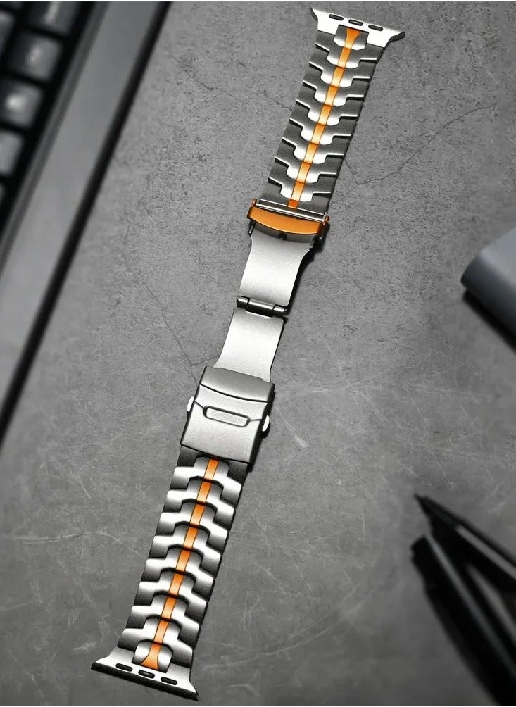 Generic - Ultra stainless steel Bracelet for Apple Watch 49mm 45mm 44mm 42mm 46mm Luxury Men Band for Iwatch Series 9 6 5 4 Se 7 8 Ultra 2 49mm Band(Steel+Orange) - Image 1