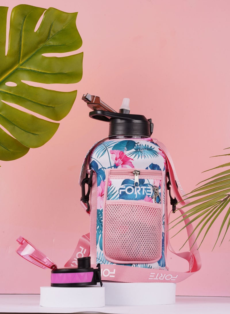 Forte Forte Large Water Bottle  Reusable Bottle with Strap Gym Water Jug with measurements  Water Storage with Pouch  Refillable Water Bottles with Phone Case and Key Ring (Floral Pink) - Image 2